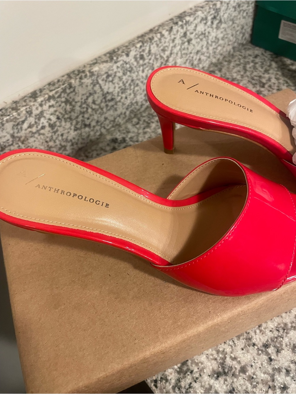 Anthropologie Red Patent Open-Toe Slide Heels - Picture 2 of 5